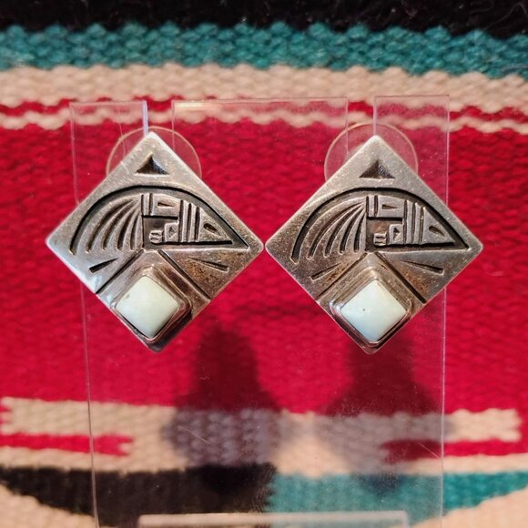 Vintage Native Signed Hopi Sterling Silver Overlay Turquoise Stud Earrings - Picture 1 of 5